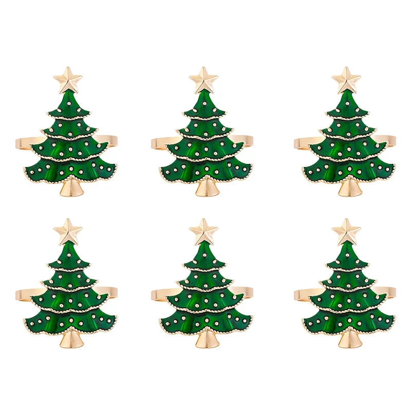 Set of six green Christmas tree-shaped earrings with gold bases on a white background