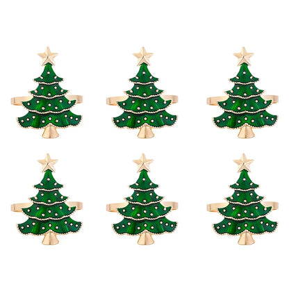 Set of six green Christmas tree-shaped earrings with gold bases on a white background