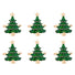 Set of six green Christmas tree-shaped earrings with gold bases on a white background