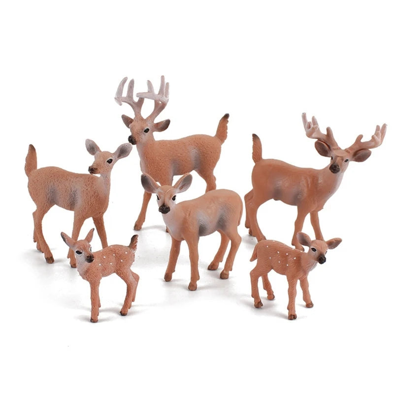 A set of six realistic deer figurines, including two fawns, a doe, and two bucks with antlers, in shades of brown and tan with white spots, displayed on a clean white background.