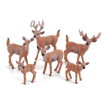 A set of six realistic deer figurines, including two fawns, a doe, and two bucks with antlers, in shades of brown and tan with white spots, displayed on a clean white background.