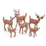 A set of six realistic deer figurines, including two fawns, a doe, and two bucks with antlers, in shades of brown and tan with white spots, displayed on a clean white background.