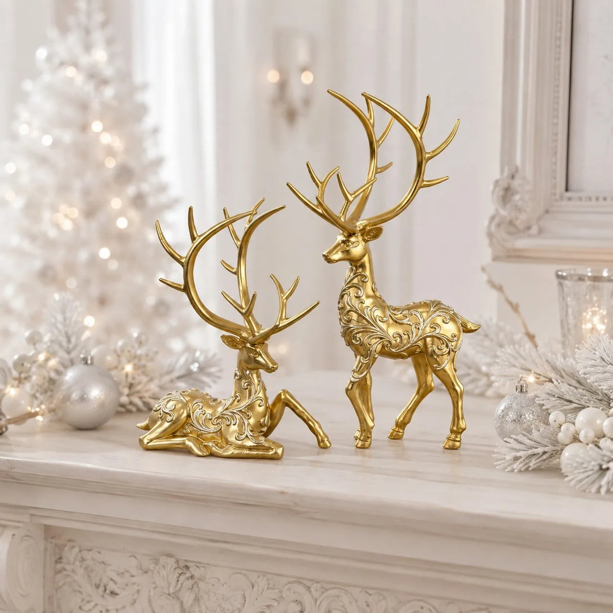 2Pcs Gold Colour Reindeer Figurines