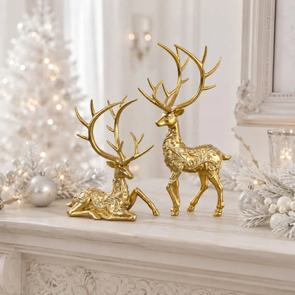 2Pcs Gold Colour Reindeer Figurines