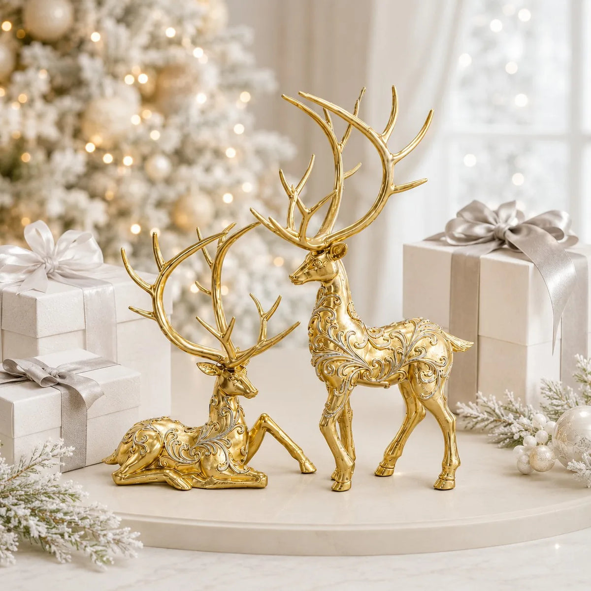 2Pcs Gold Colour Reindeer Figurines