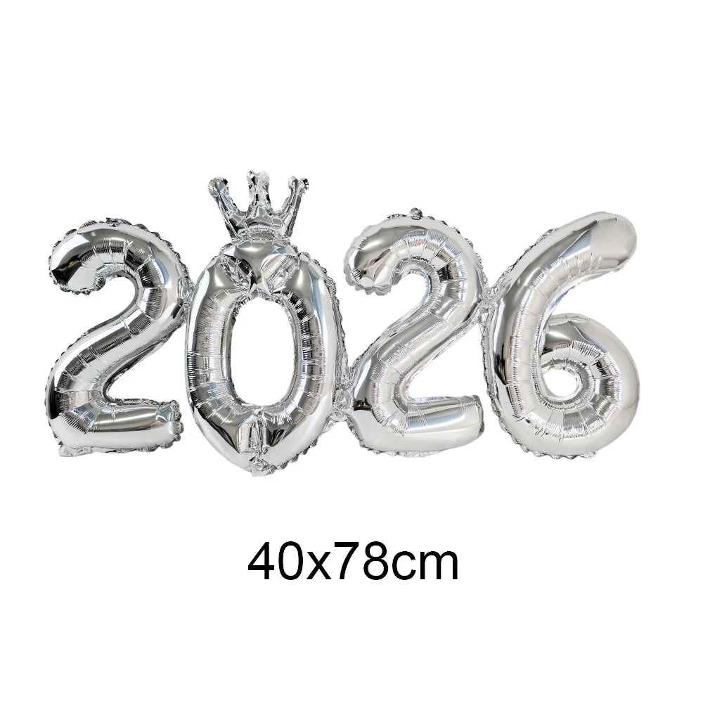 Silver '2026' balloon with a crown on a white background
