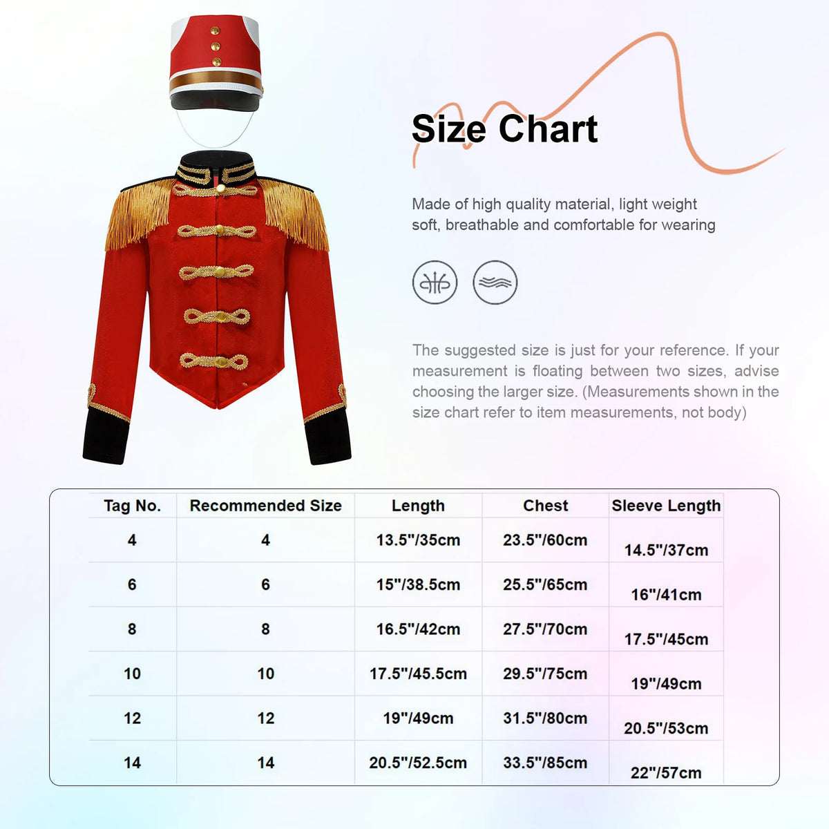 Size Chart for kids Nutcracker Christmas toy soldier Fancy Dress Costume