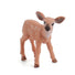 A small plastic toy fawn figurine with brown fur and white spots, standing on a white background.