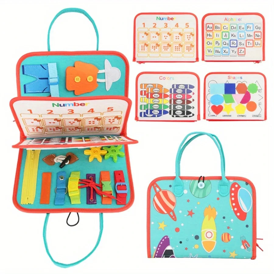 Colourful educational busy book toy set with number, letter, and shape cards on a white background