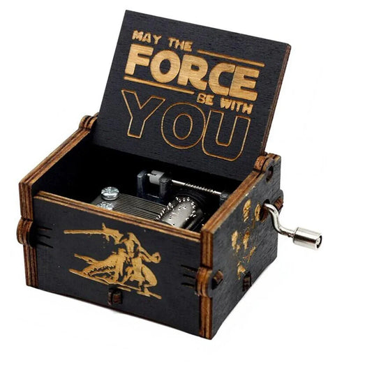 Wooden music box with 'May the Force be with You' text and Star Wars design.