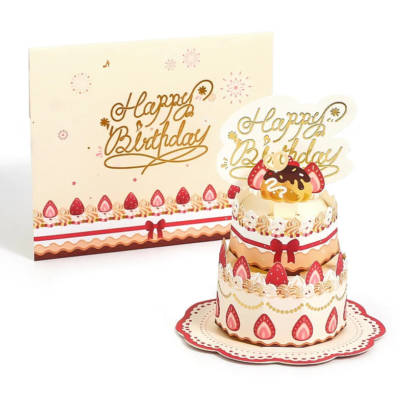 Miniature birthday cake with 'Happy Birthday' topper and matching card on a white background