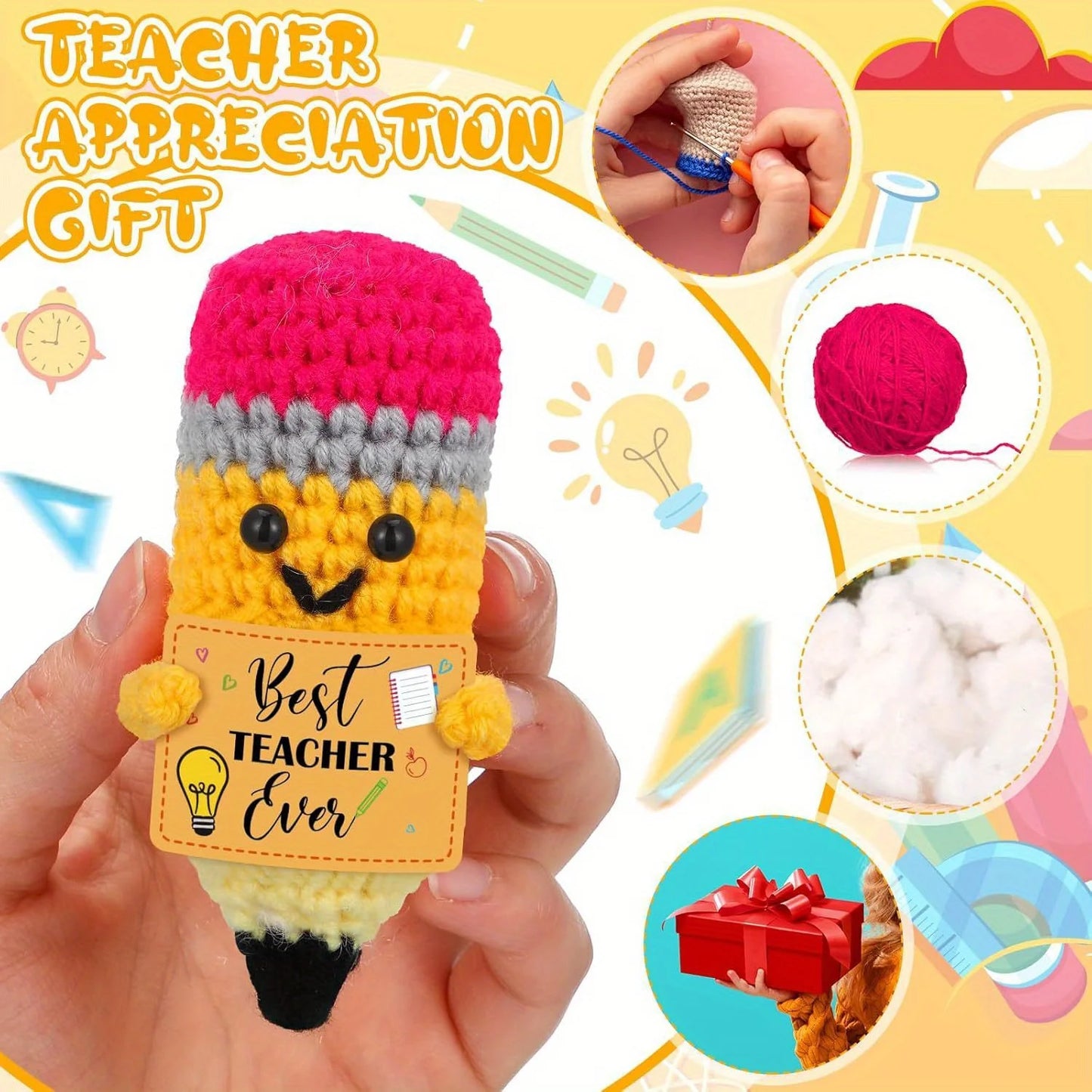 Crocheted pencil-shaped gift with 'Best Teacher Ever' text, surrounded by teacher appreciation elements on a yellow background.