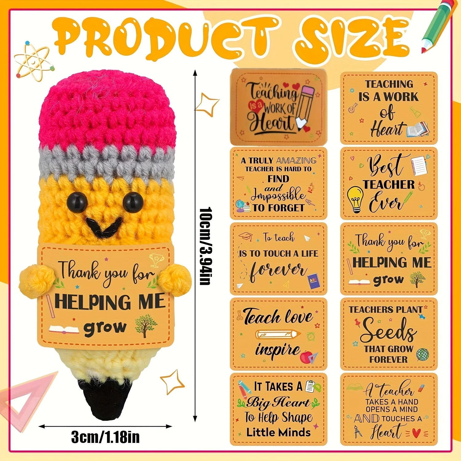 Crocheted pencil-shaped toy with a smiley face and text, surrounded by smaller cards with teacher appreciation messages.