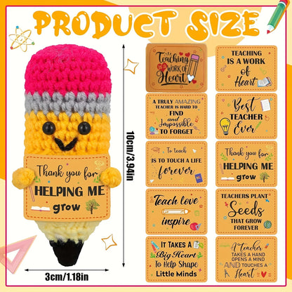 Crocheted pencil-shaped toy with a smiley face and text, surrounded by smaller cards with teacher appreciation messages.