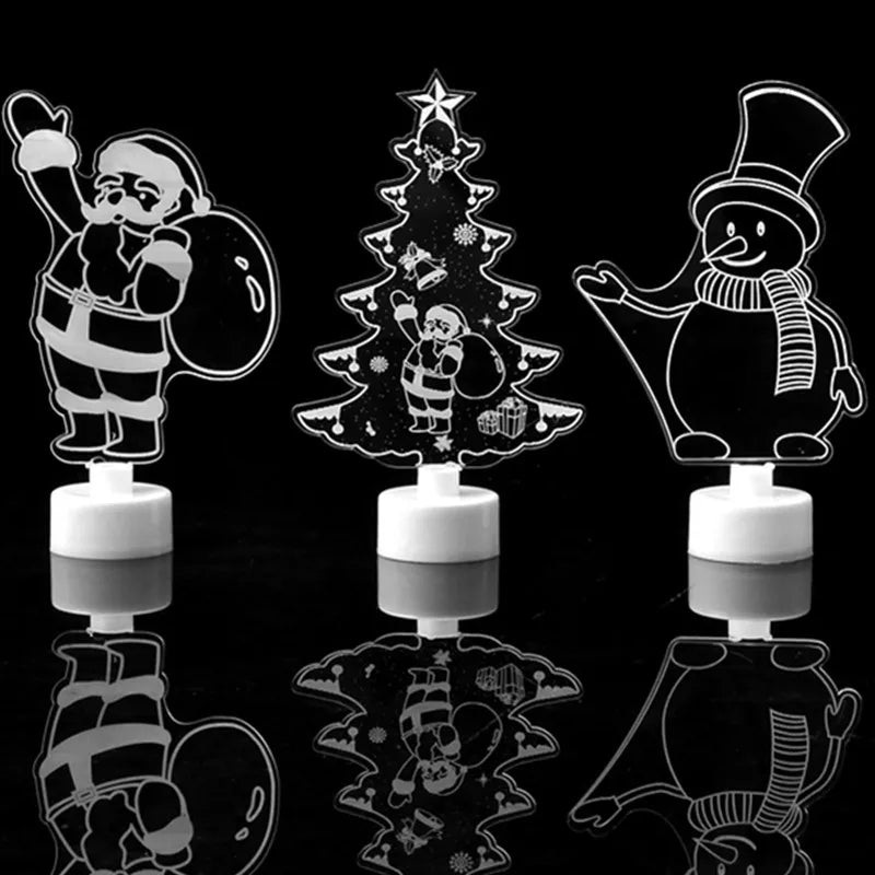 Three Christmas-themed LED lights on a black background