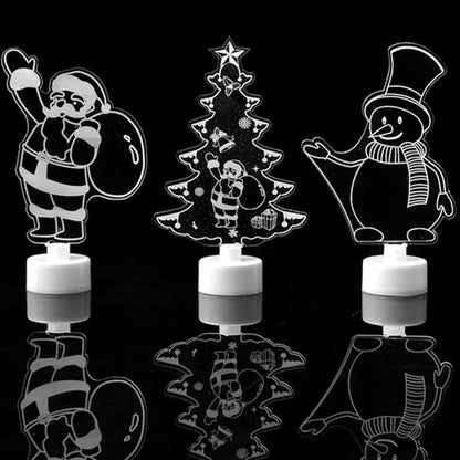 Three Christmas-themed LED lights on a black background