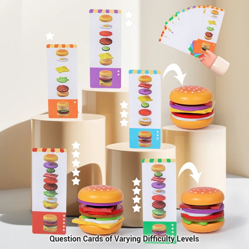 Toy hamburger set with question cards of varying difficulty levels on a neutral background