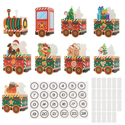 Decorative Christmas train set with numbered cards and small figures on a white background