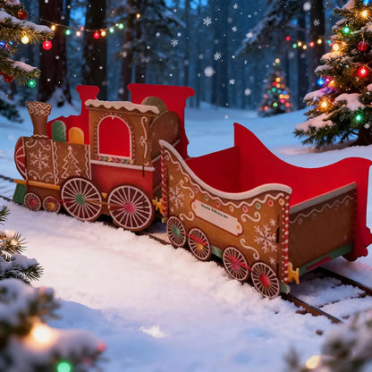 Train Gift holder set in a snowy forest with Christmas trees and lights.