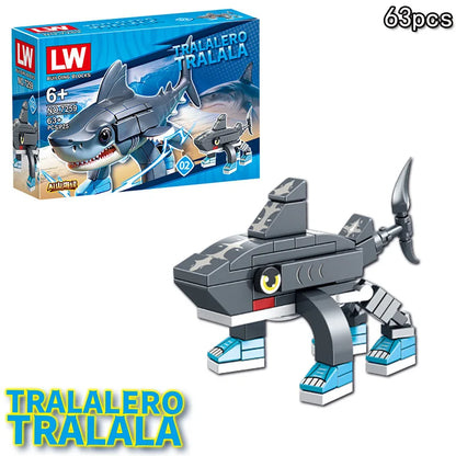 Toy shark building set with packaging and 'Tralalero Tralala' branding.