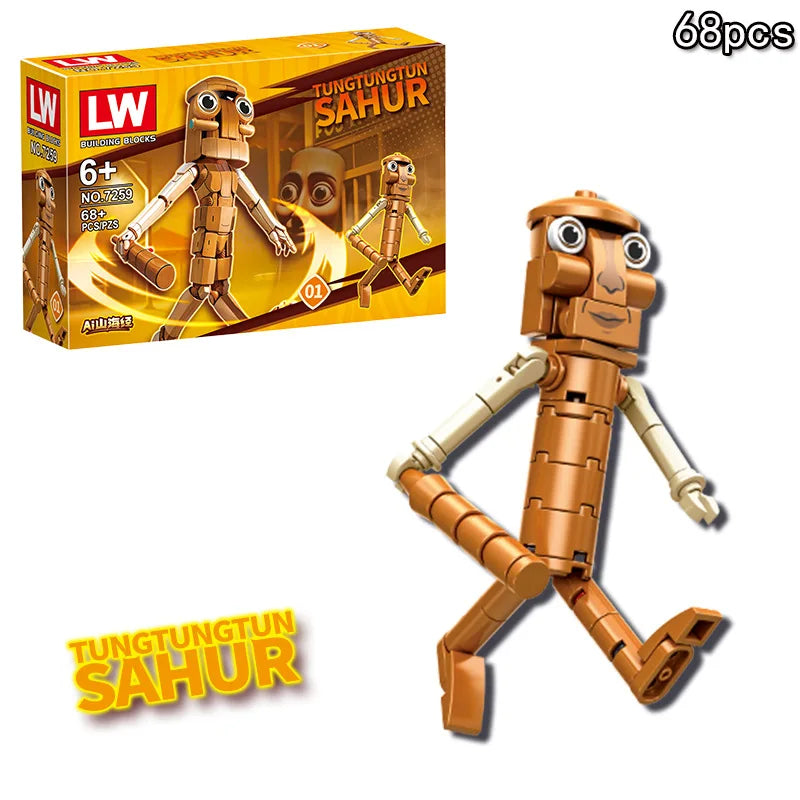 Toy figure of Tungtungun Sahur with packaging and 'LW' branding on a white background.