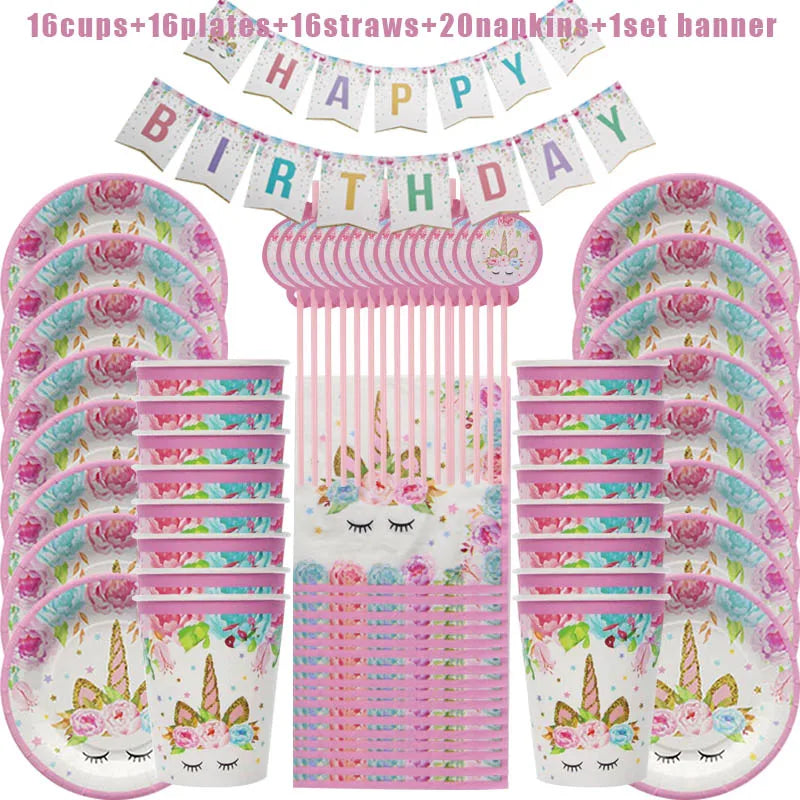 Unicorn birthday party unicorn set plates cups straws banner