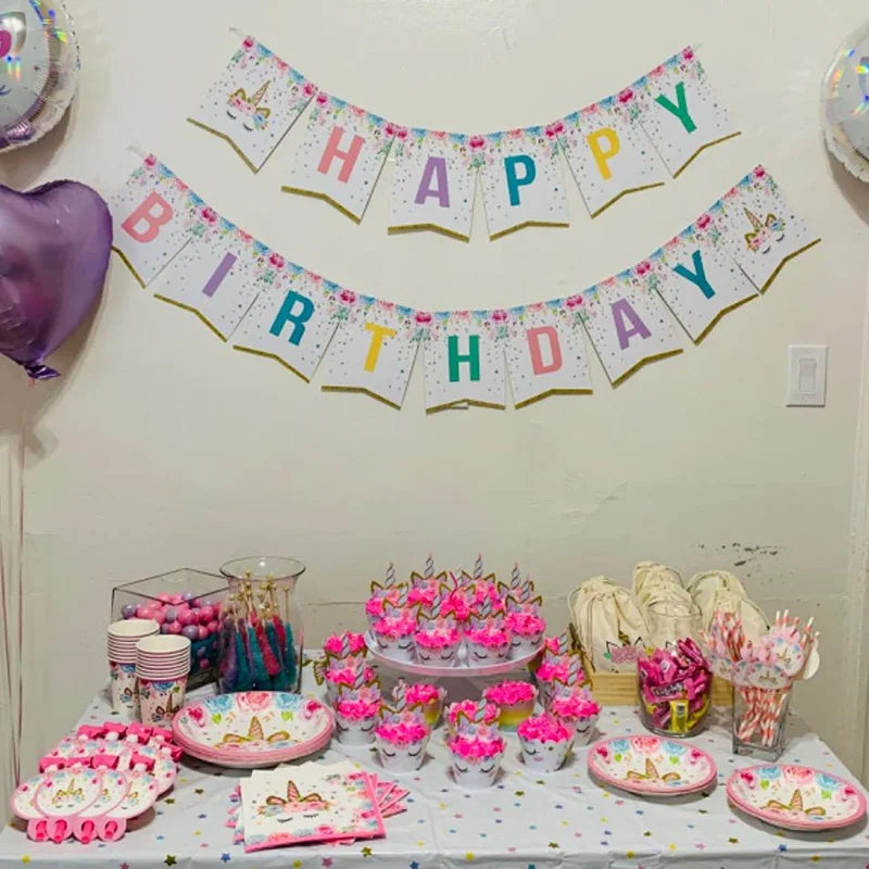 Unicorn party plates cups bags plates bowls banner