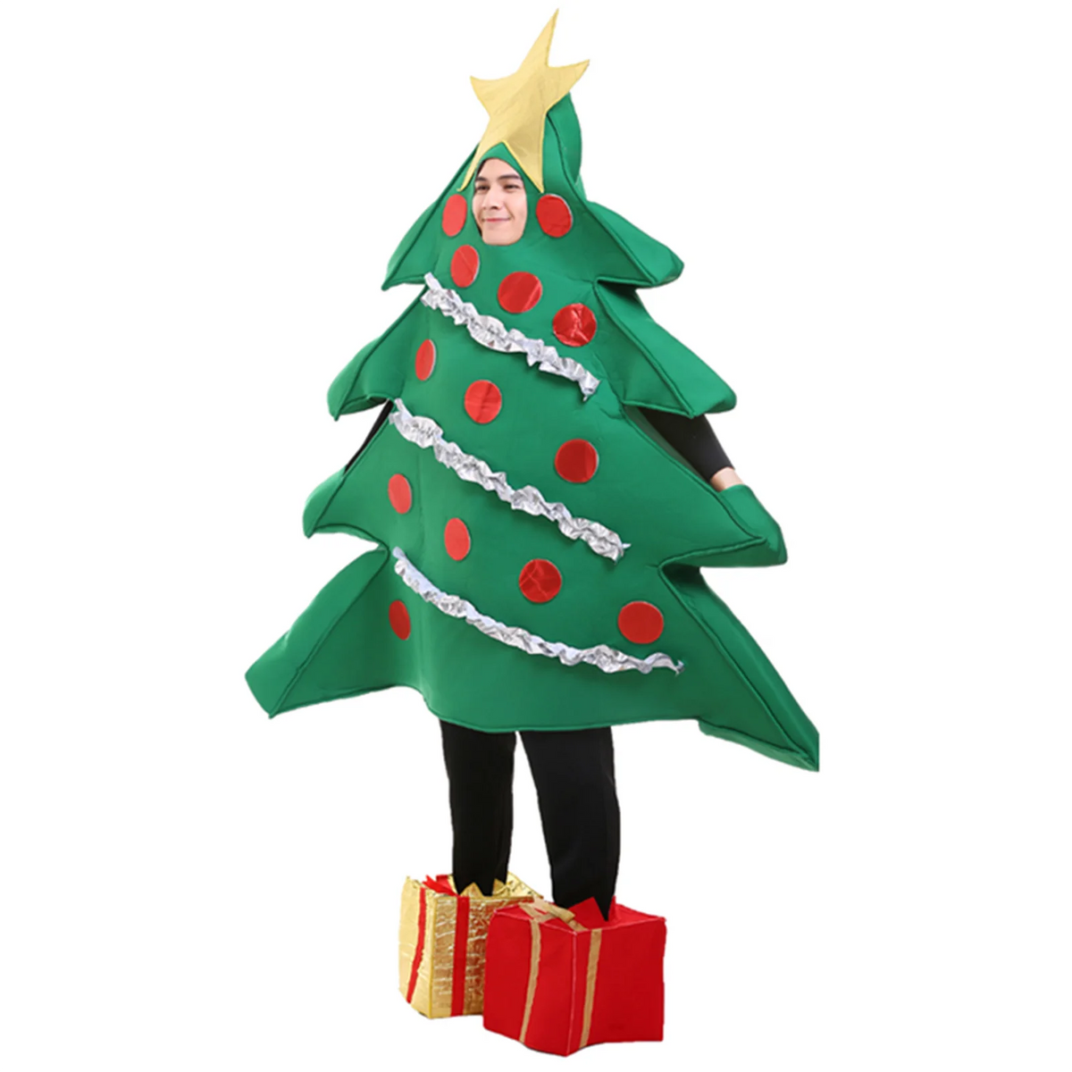 Person wearing a Christmas tree costume with decorations on a white background