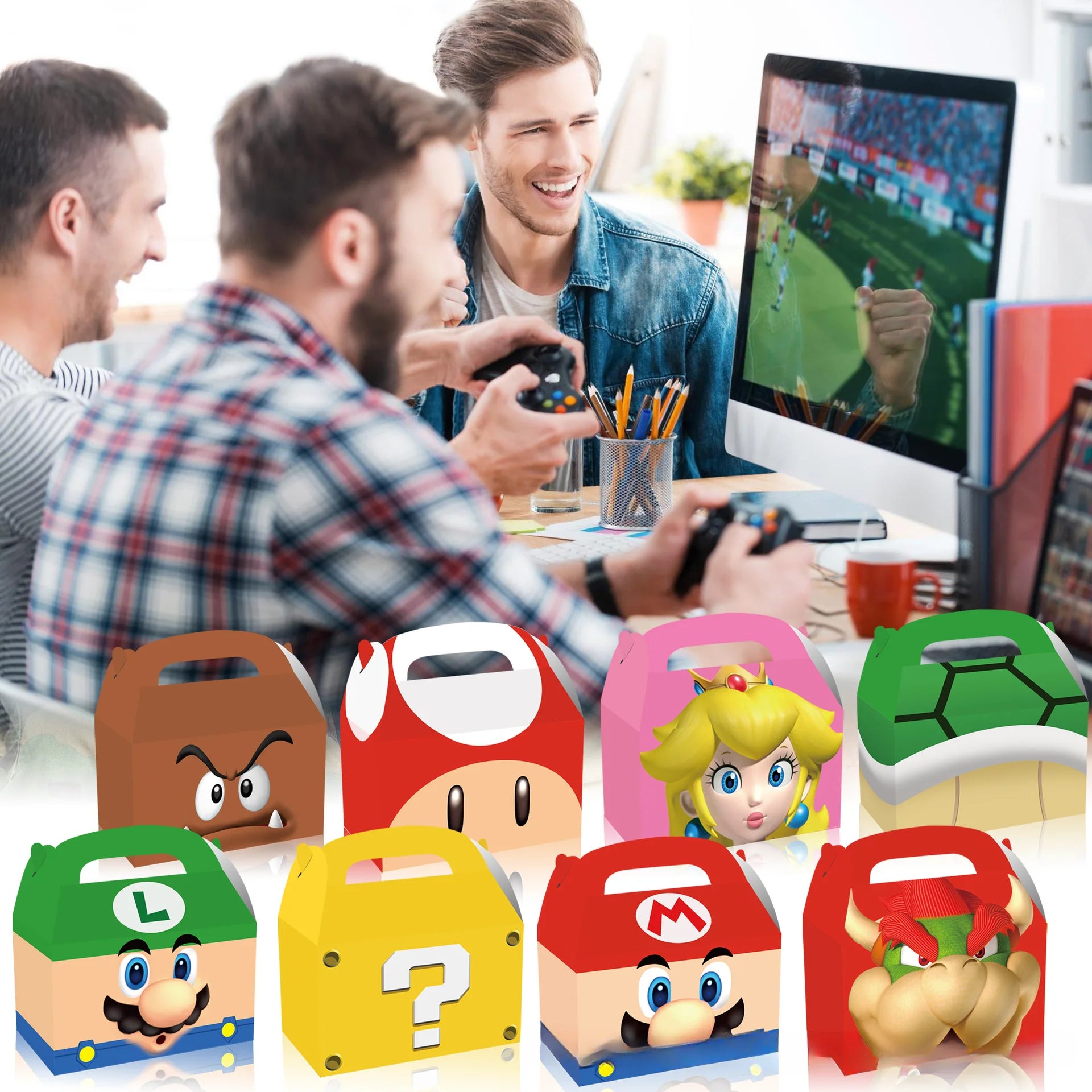 People playing video games with character-themed boxes in front