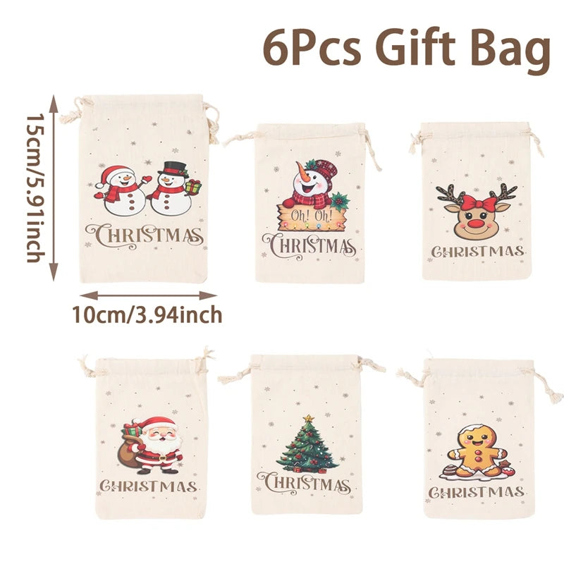 Set of 6 Christmas-themed gift bags with illustrations and text on a white background.
