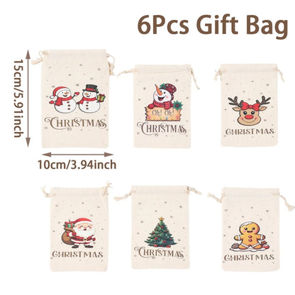 Set of 6 Christmas-themed gift bags with illustrations and text on a white background.