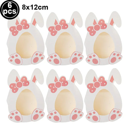 Six cartoon bunny ears with pink bows and paws easter box on a white background, 8x12cm each.