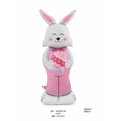 White rabbit with pink outfit tall balloon on a white background