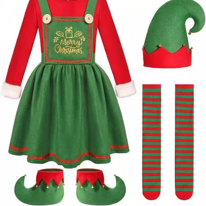 A Christmas elf costume set displayed on a white background, including a red and green dress with 'Merry Christmas' embroidery, a green elf hat with red trim, red and green striped socks, and green elf boots with red tips. 