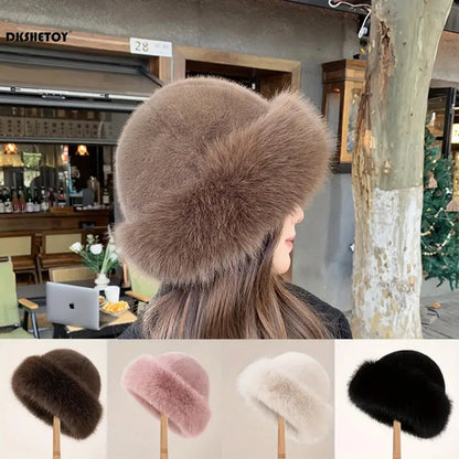 Person wearing a fluffy hat with a store interior in the background, followed by images of different colored fluffy hats.