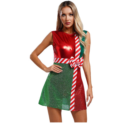 Womens Sparkly Present Fancy Dress Costume Red and Green with Bow