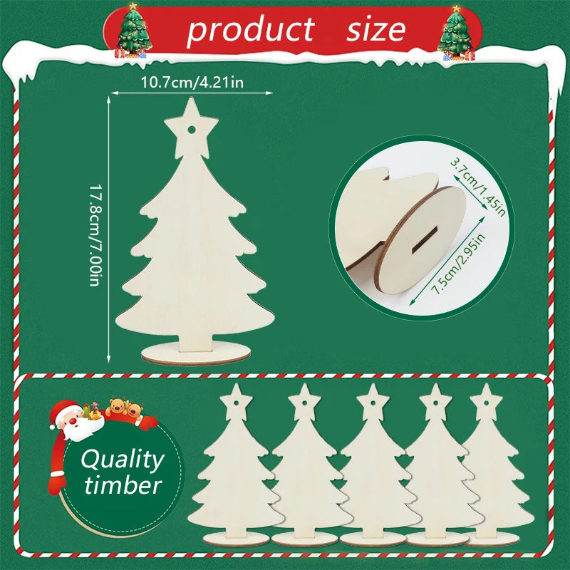 Product size chart for wooden Christmas trees with measurements and quality assurance text.