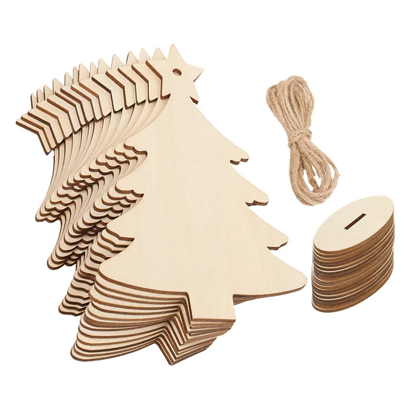 Wooden Christmas tree shapes with a string and small box on a white background