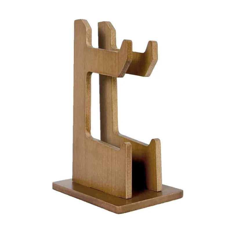 A wooden display stand with a natural brown finish, featuring a flat rectangular base and three vertical slots with curved top hooks, shown on a plain white background.