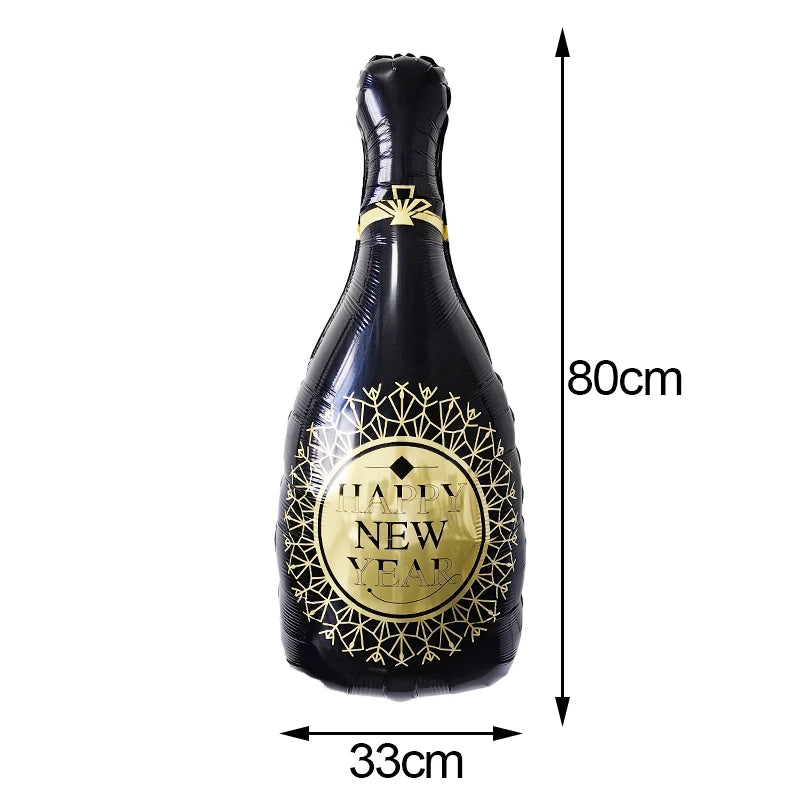 Inflatable bottle shaped like a champagne bottle with 'Happy New Year' text, shown with dimensions on a white background.