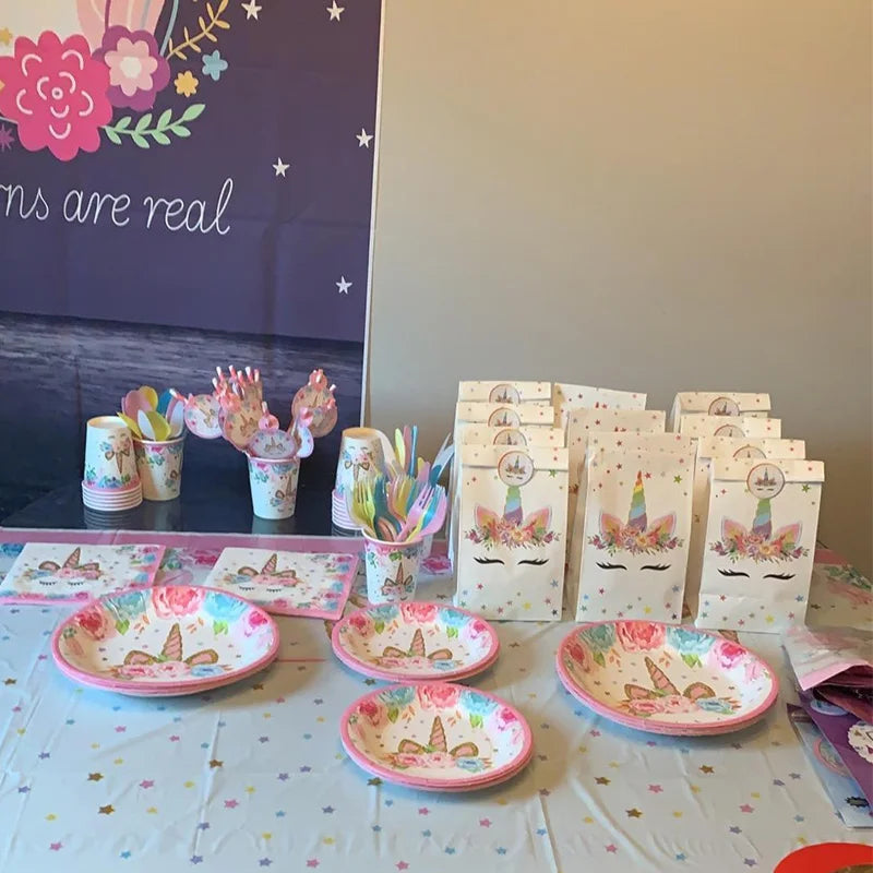 Unicorn party plates cups bags plates bowls
