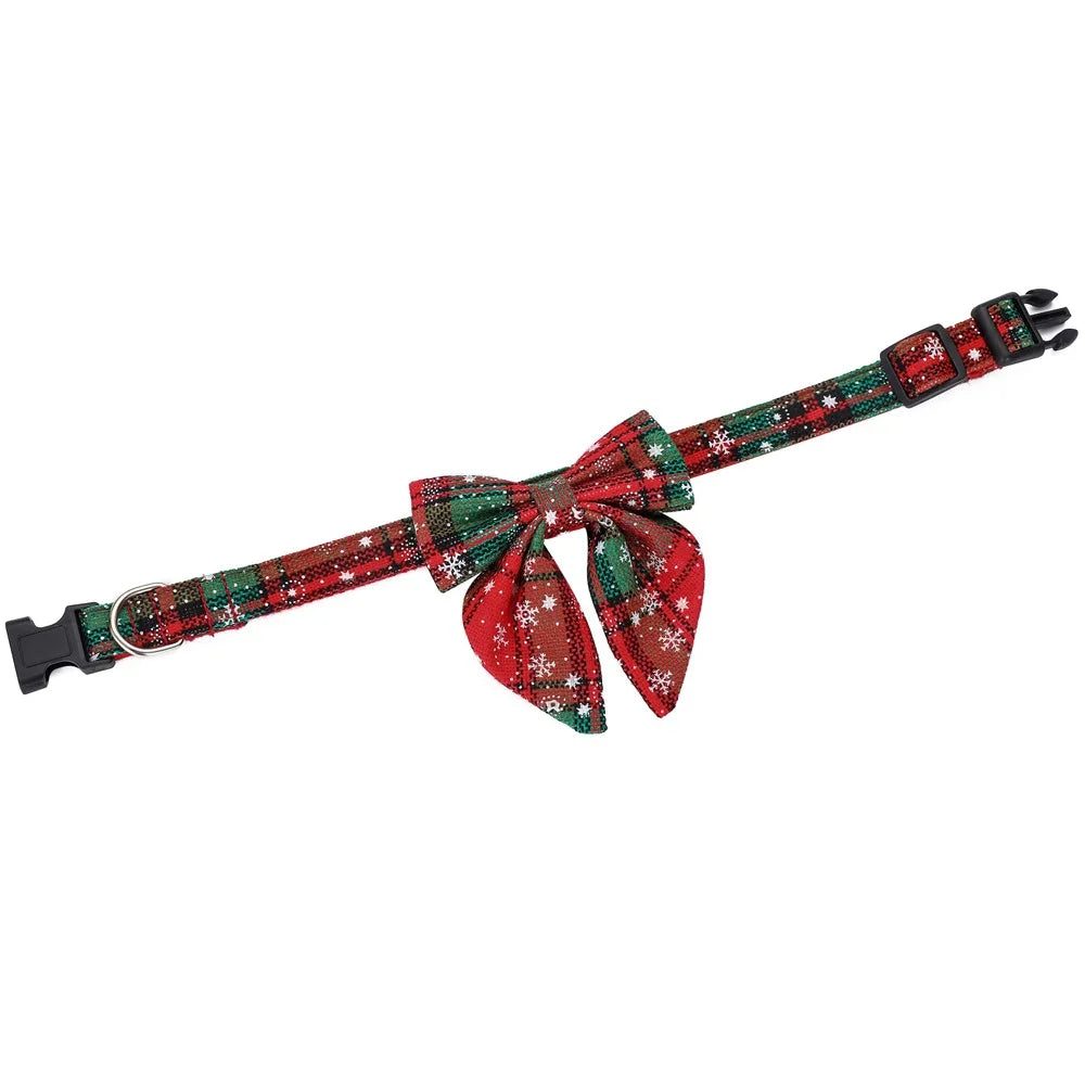 red and green white snowflake tartan snow dog collar bow tie