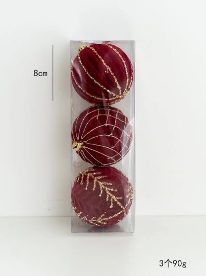 set of 3 luxurious 8cm red flocked baubles design